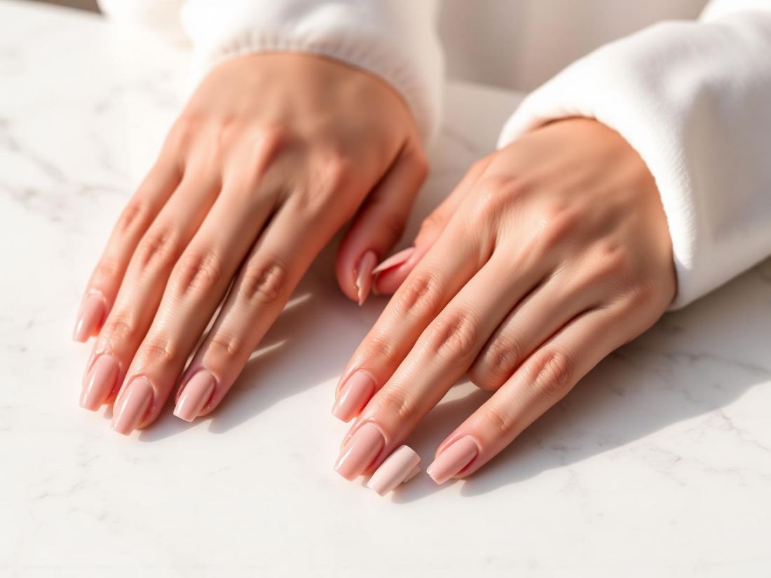 Unhas nude com acabamento elegante feitas no Ateliê Nail Design